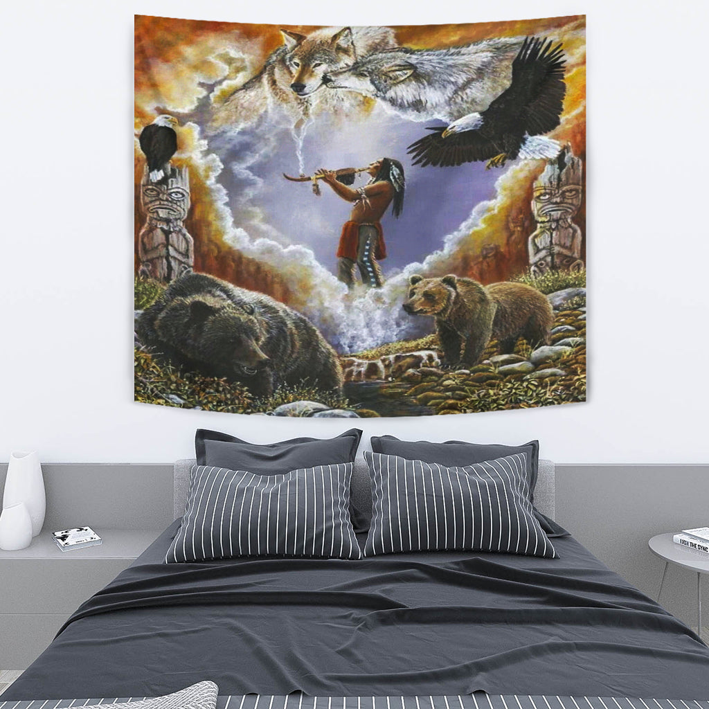 Native American tapestry featuring wolves, bear, and black eagle across the sky