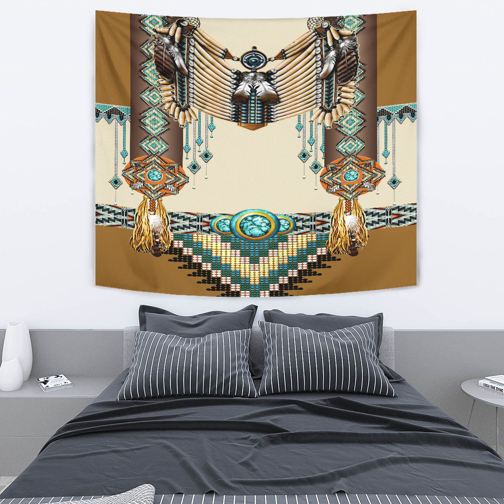 Native tapestry breastplate with symmetrical feathered figures and turquoise hanging bead dangles