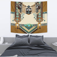 Native tapestry breastplate with symmetrical feathered figures and turquoise hanging bead dangles