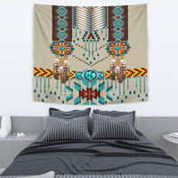 Turquoise and brown tribal tapestry with central heart emblem, shoulder ornaments, bead chains