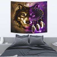 Large wolf dreamcatcher tapestry with purple and gold tones and three hanging feathers