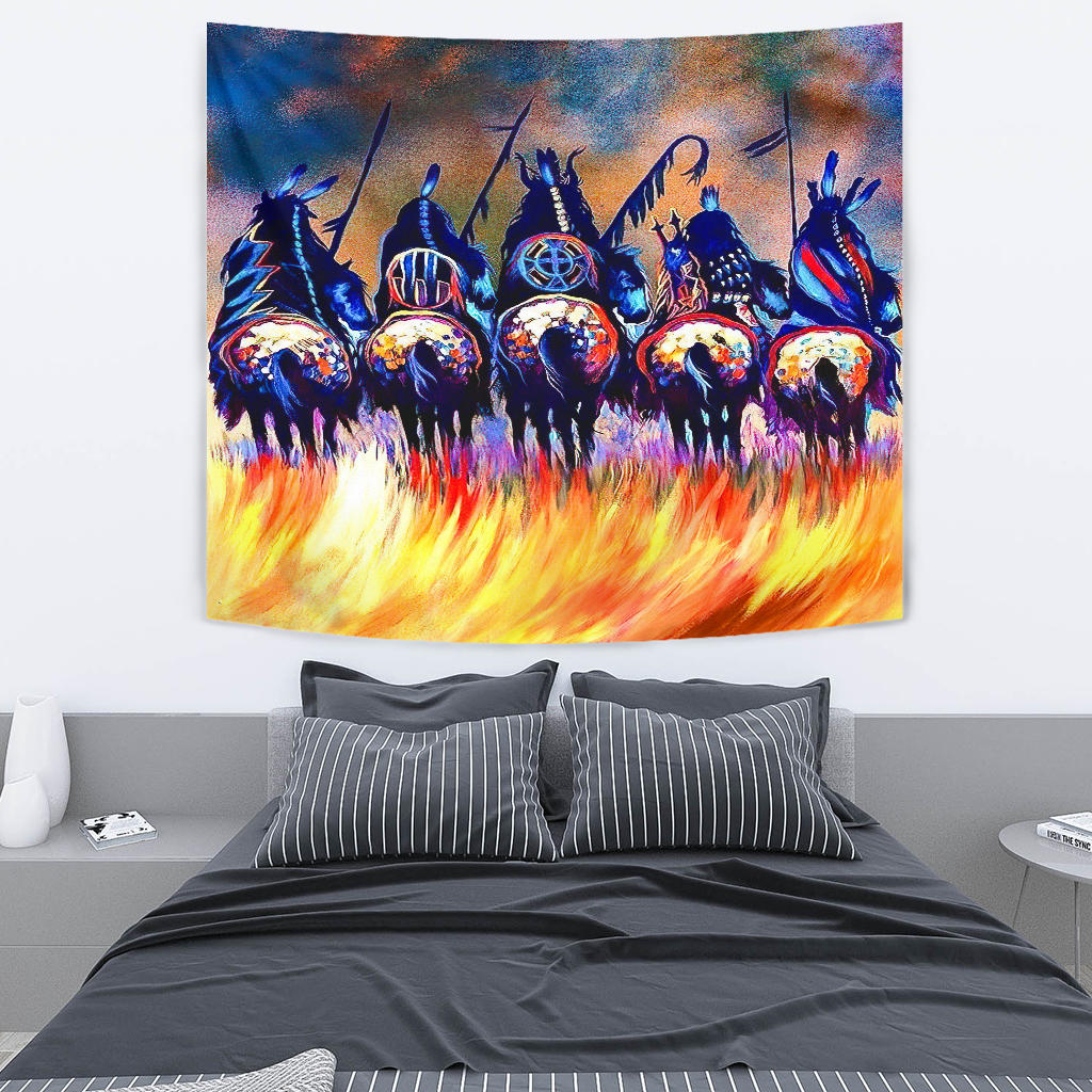 Colorful Native American tapestry panel with five warrior characters above bright orange flames