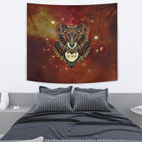 Close view of multicolor wolf tapestry, centered face with “THE WOLF” text emblem.