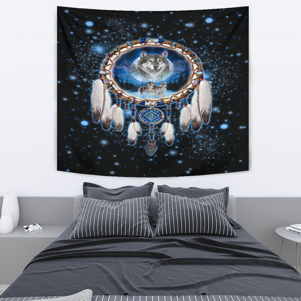 Dreamcatcher wolf wall tapestry with circular hoop, blue landscape, and fringe feathers