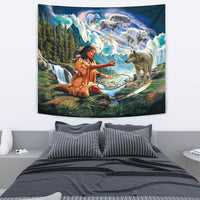 Tapestry featuring a Native woman with medicine wheel, wolves overhead and clouds
