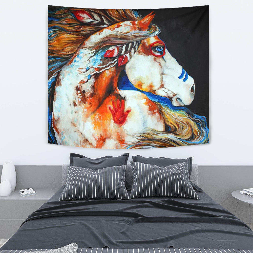 Multicolor horse tapestry depicting head and neck with orange muzzle and blue ribbon