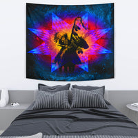 Multicolor tapestry featuring a central chief silhouette inside a star pattern