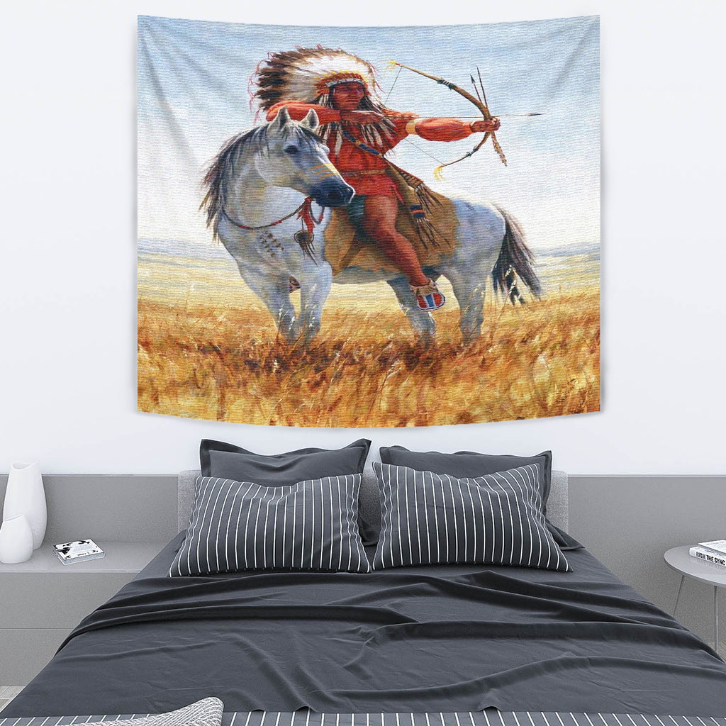 Native American chief on horseback with bow and arrow, multicolor tapestry wall hanging