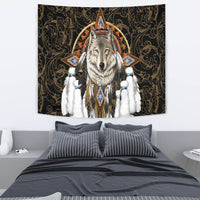Wolf dreamcatcher tapestry with gray wolf and blue-orange star patterns, white feather accents