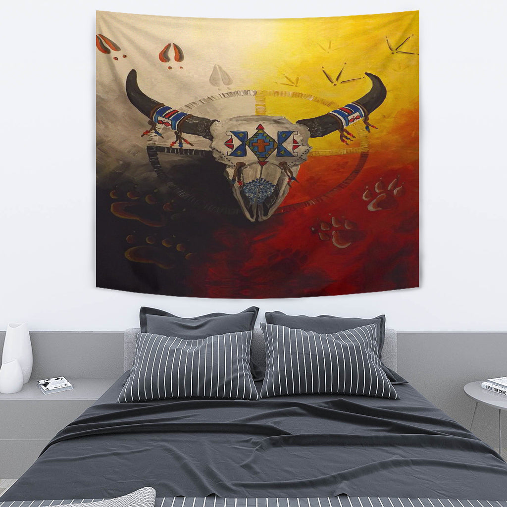 Bison medicine wheels tapestry with central bison skull and circular motifs in multicolor