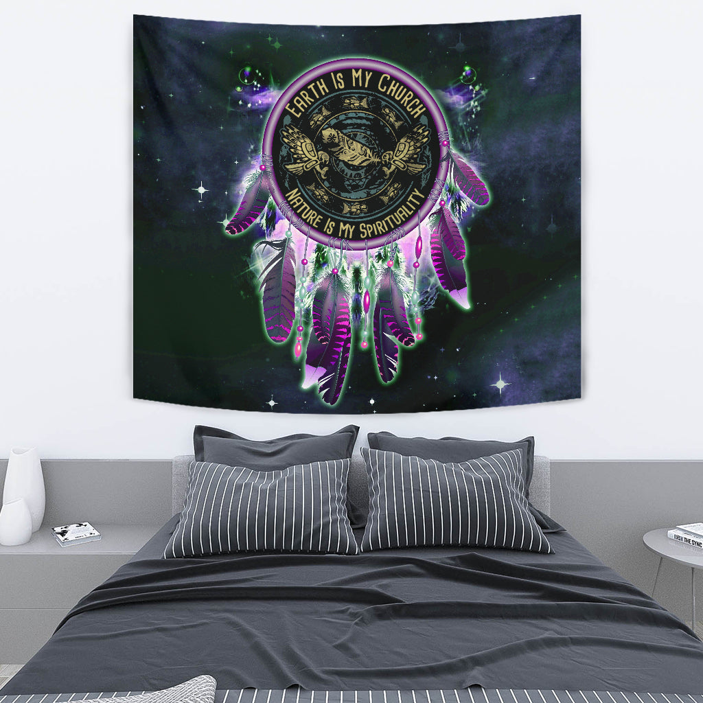 Eagle dream catcher wall tapestry with glowing green and pink hanging feathers