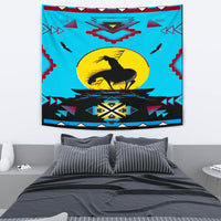 Native American style wall tapestry, blue field with horse figure and sunburst center