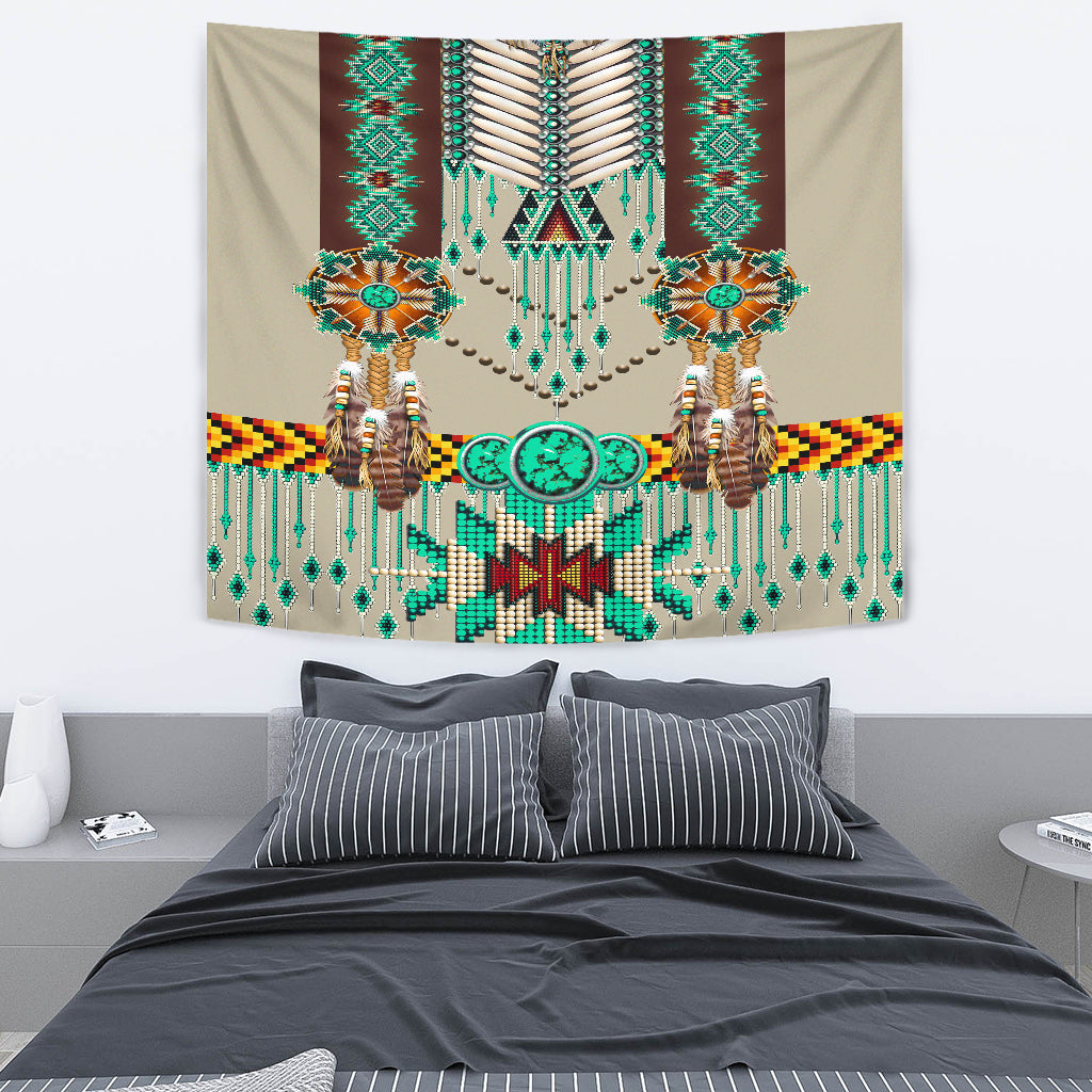 Turquoise and green beaded breastplate tapestry with draped fringe and eagle wing pattern