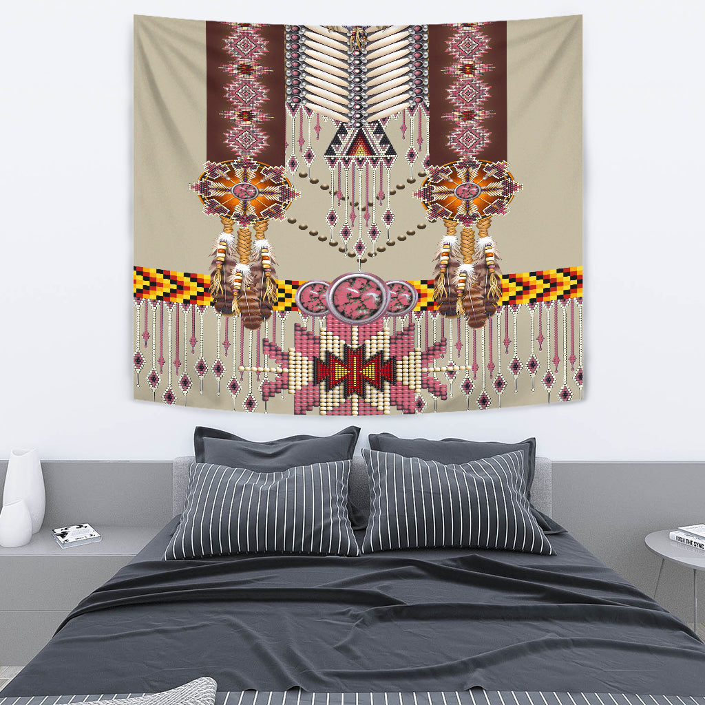 Native American pink patterned tapestry with chest star motif, beadwork fringes, and arms