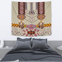 Native American pink patterned tapestry with chest star motif, beadwork fringes, and arms