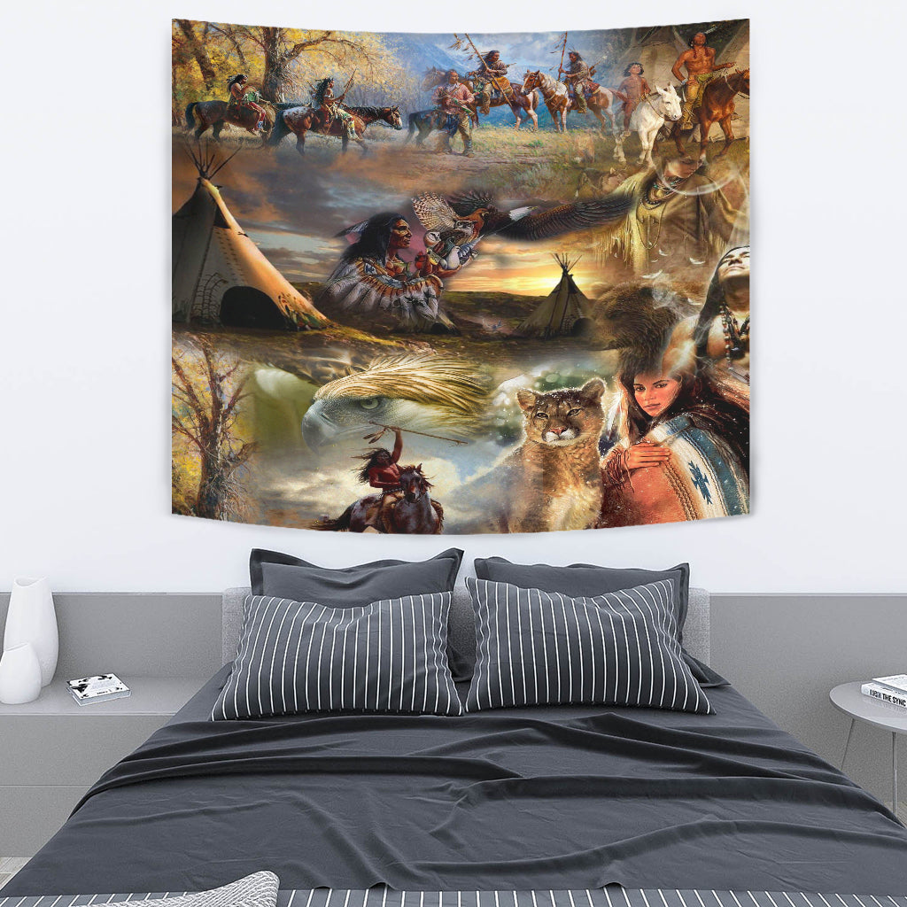 Colorful tapestry featuring a horse ride scene, warrior, and wolf in foreground