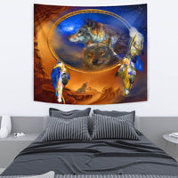 Wolf dreamcatcher tapestry with large circular frame, three wolves’ faces, feather fringe