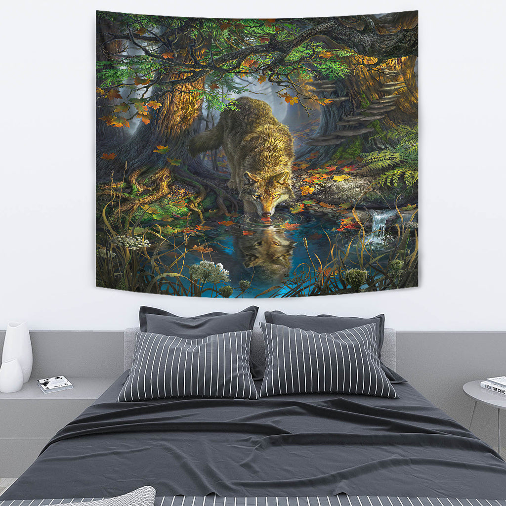 Forest wolf tapestry with two wolf faces, detailed foliage, and river water