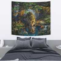 Forest wolf tapestry with two wolf faces, detailed foliage, and river water