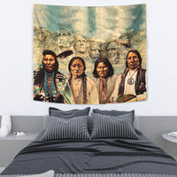 Native American tapestry with bird-wing silhouettes and layered figures, multicolor print