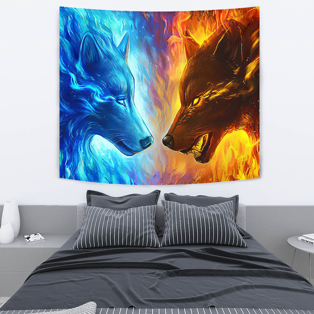 Horizontal wolf tapestry with icy blue left face and fiery orange right face, flames