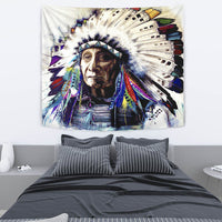 Multicolor chief tapestry with feather plume headdress and patterned clothing
