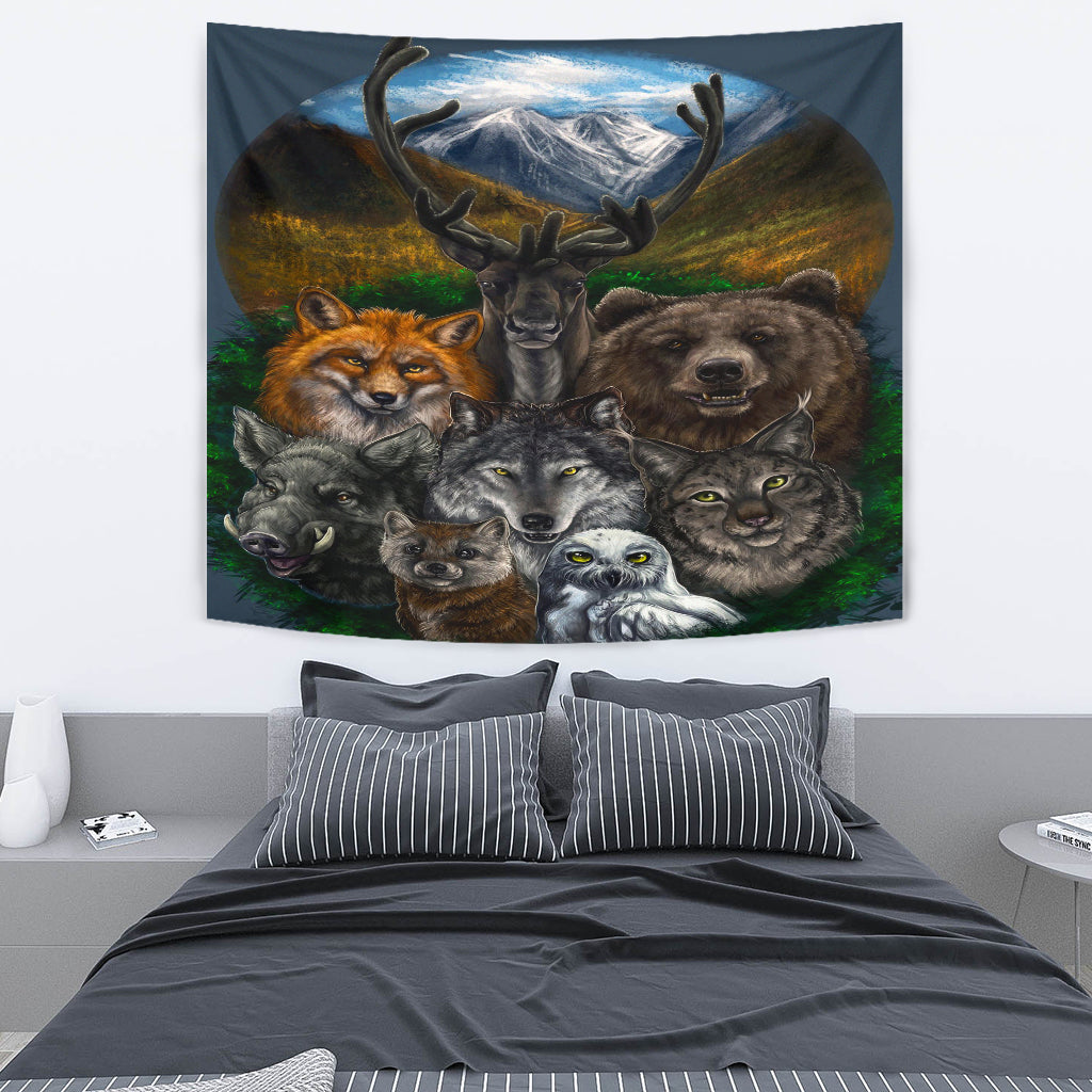 Multicolor tapestry featuring wolf, fox, deer, and other wild animal portraits