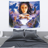 Native American girl tapestry close-up: beaded headband, feathers, multicolor