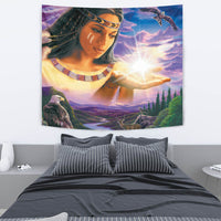 Native American girl wall tapestry with woman’s face, glowing light, birds and deer
