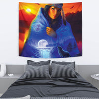 Native American girl tapestry with moonlit waterfall, blue cloak, and roaming wolf