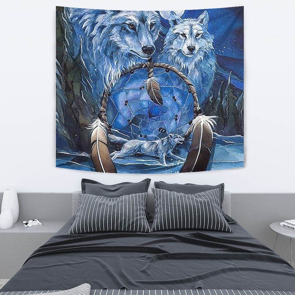 Wolf dreamcatcher wall tapestry featuring two wolves and a blue circular web with feathers