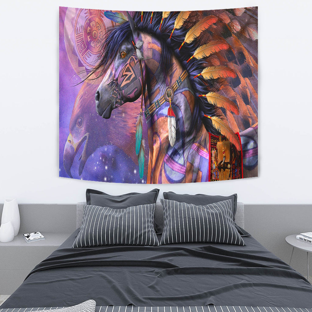 Dreamcatcher horse tapestry with painted horse, feather headdress, hanging charm details