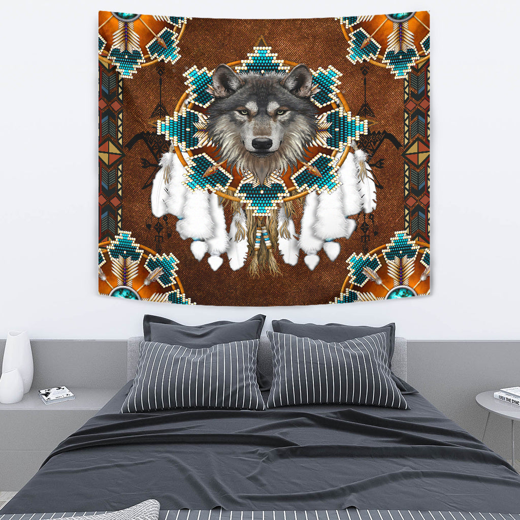 Center-framed gray wolf tapestry with white fur accents, teal beadwork, and feather trim