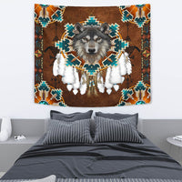 Center-framed gray wolf tapestry with white fur accents, teal beadwork, and feather trim