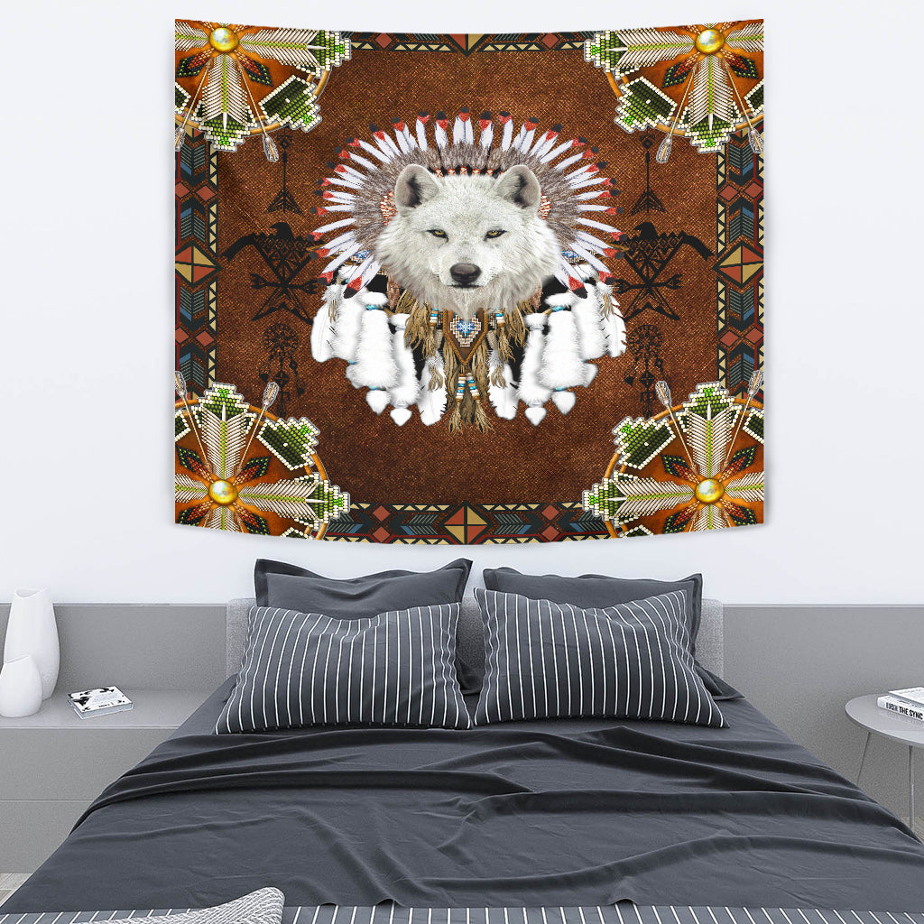 White wolf tapestry with feather headdress, white fur accents, and blue beaded necklace