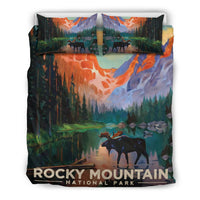 Canada Rocky Mountain duvet cover with Rocky Mountain National Park text, bison scene