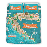 Croatia bedding set: teal map print with 'Croatia' text, compass rose, city landmarks
