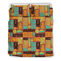 Multicolor tiki pattern bedding set with pineapple, tiki faces, and surfboard shapes
