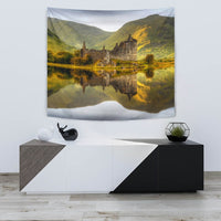 Kilchurn Castle landscape tapestry with stone castle, mirrored lake, green hills