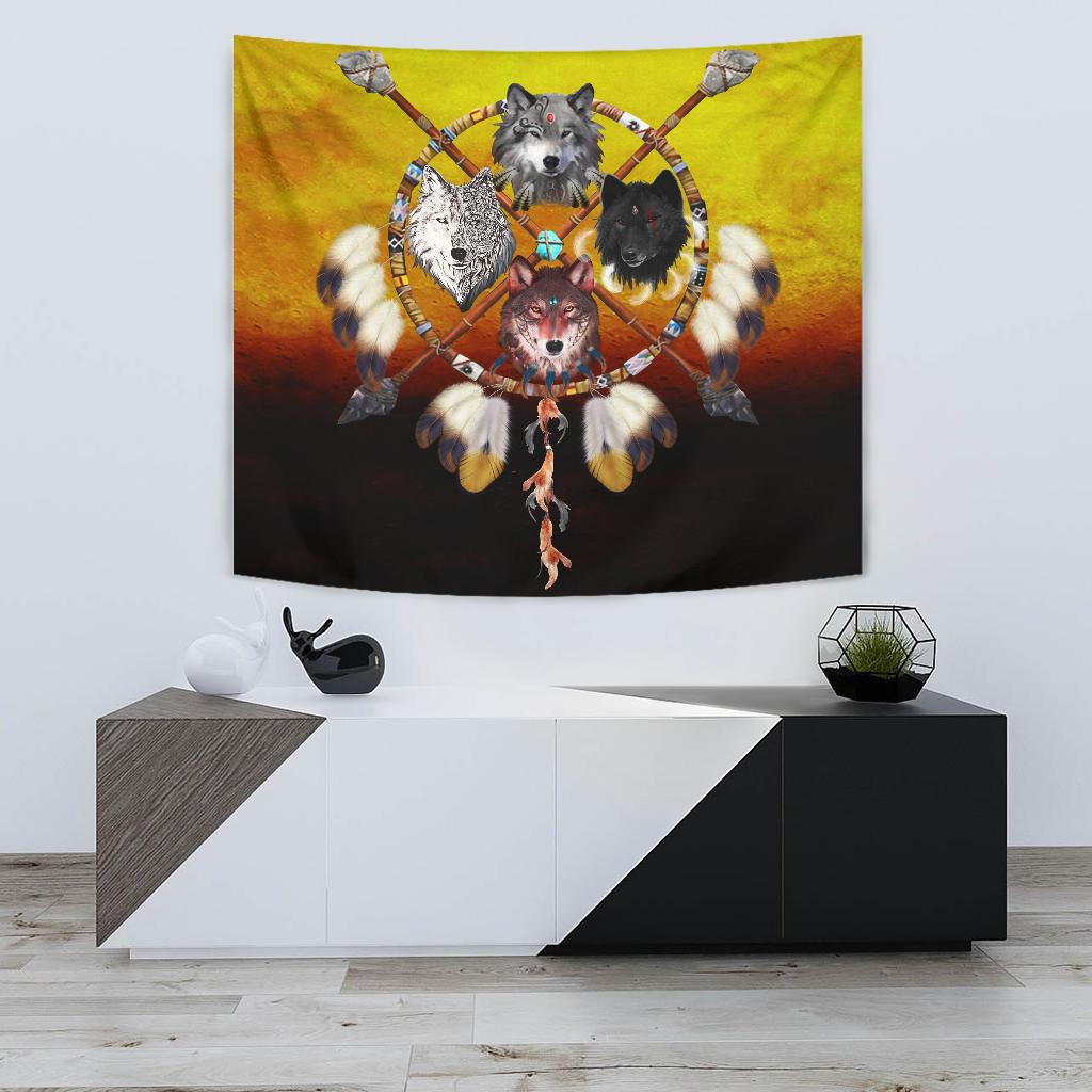 Multicolor 3D-style wolf warriors tapestry with four wolf faces in a circular design