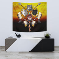 Multicolor 3D-style wolf warriors tapestry with four wolf faces in a circular design