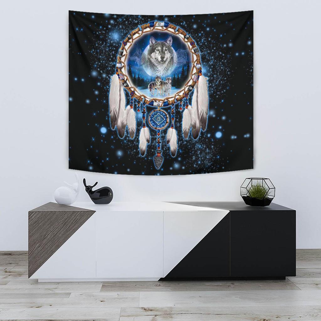 Wolf dreamcatcher wall tapestry, circular blue motif with white feather drops