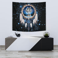 Wolf dreamcatcher wall tapestry, circular blue motif with white feather drops