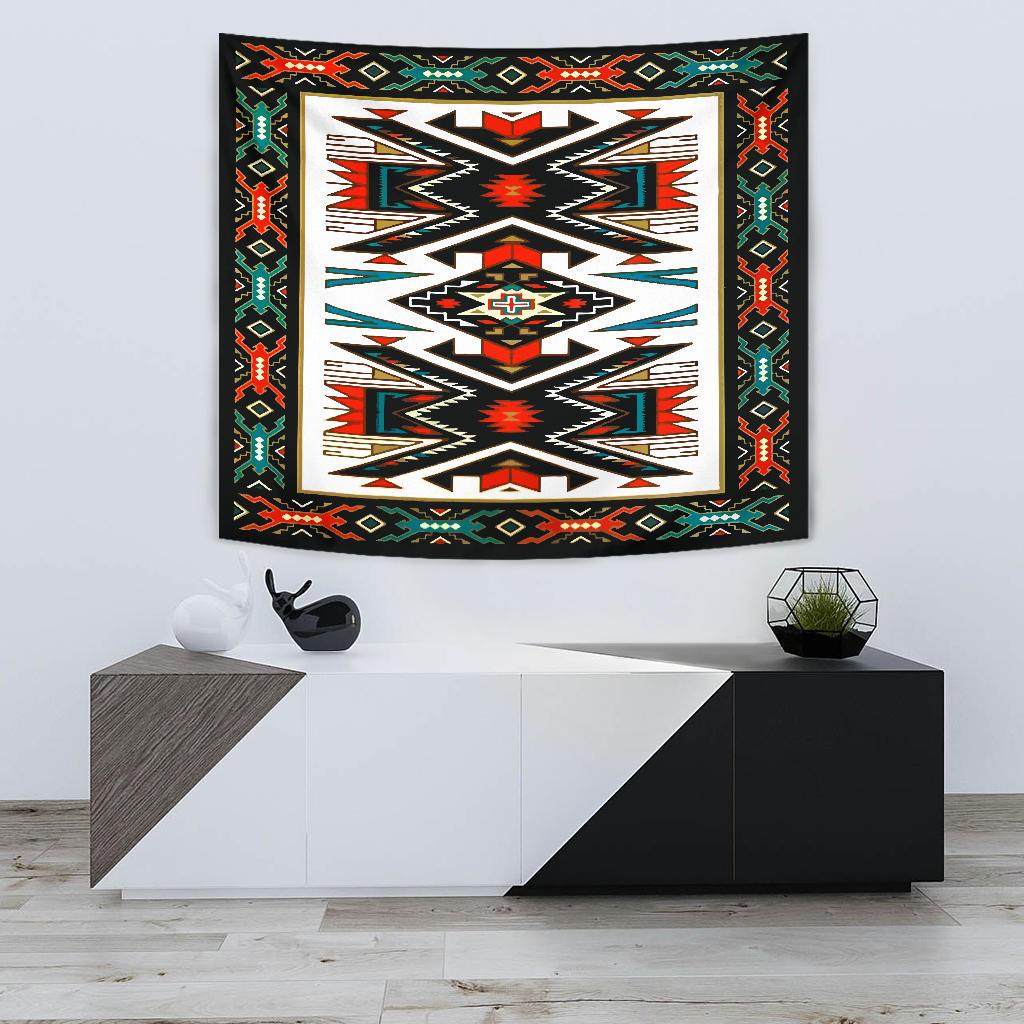 Native American style tapestry with black border and multicolor geometric center design