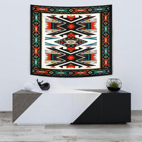 Native American style tapestry with black border and multicolor geometric center design
