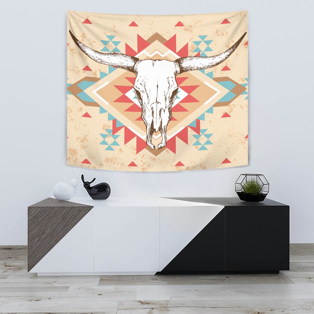 Cream bison skull tapestry with long horns and red/blue geometric star patterns