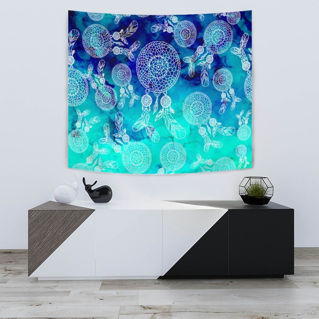 Watercolor dreamcatcher tapestry with multicolor circular web designs, blue and turquoise