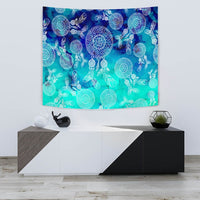 Watercolor dreamcatcher tapestry with multicolor circular web designs, blue and turquoise