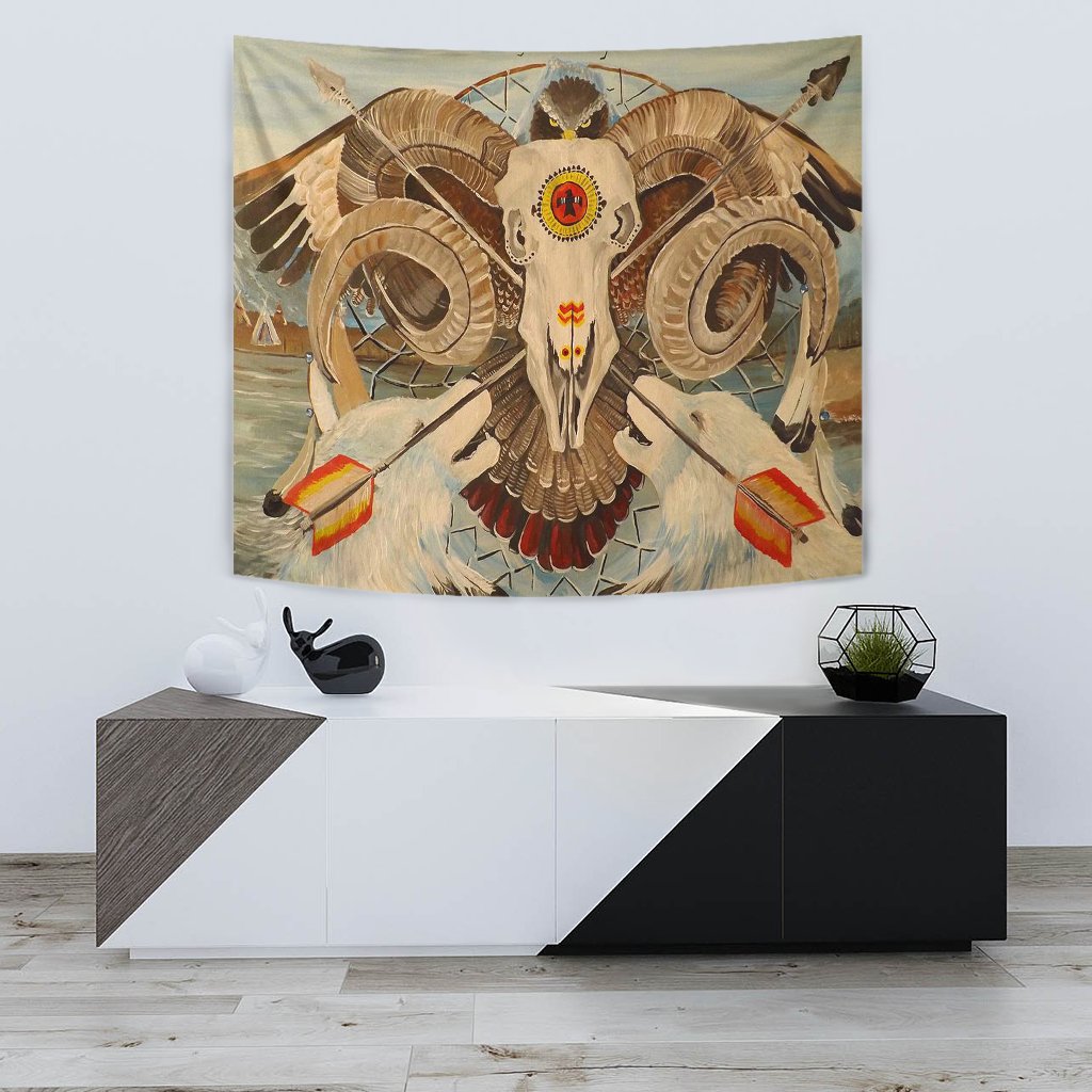 Native American tapestry: owl skull center with feather wings and multicolor arrows
