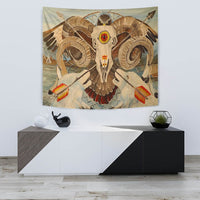Native American tapestry: owl skull center with feather wings and multicolor arrows